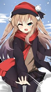 Preview wallpaper girl, scarf, snow, winter, anime