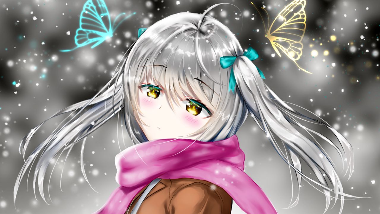 Wallpaper girl, scarf, snow, winter, anime, art