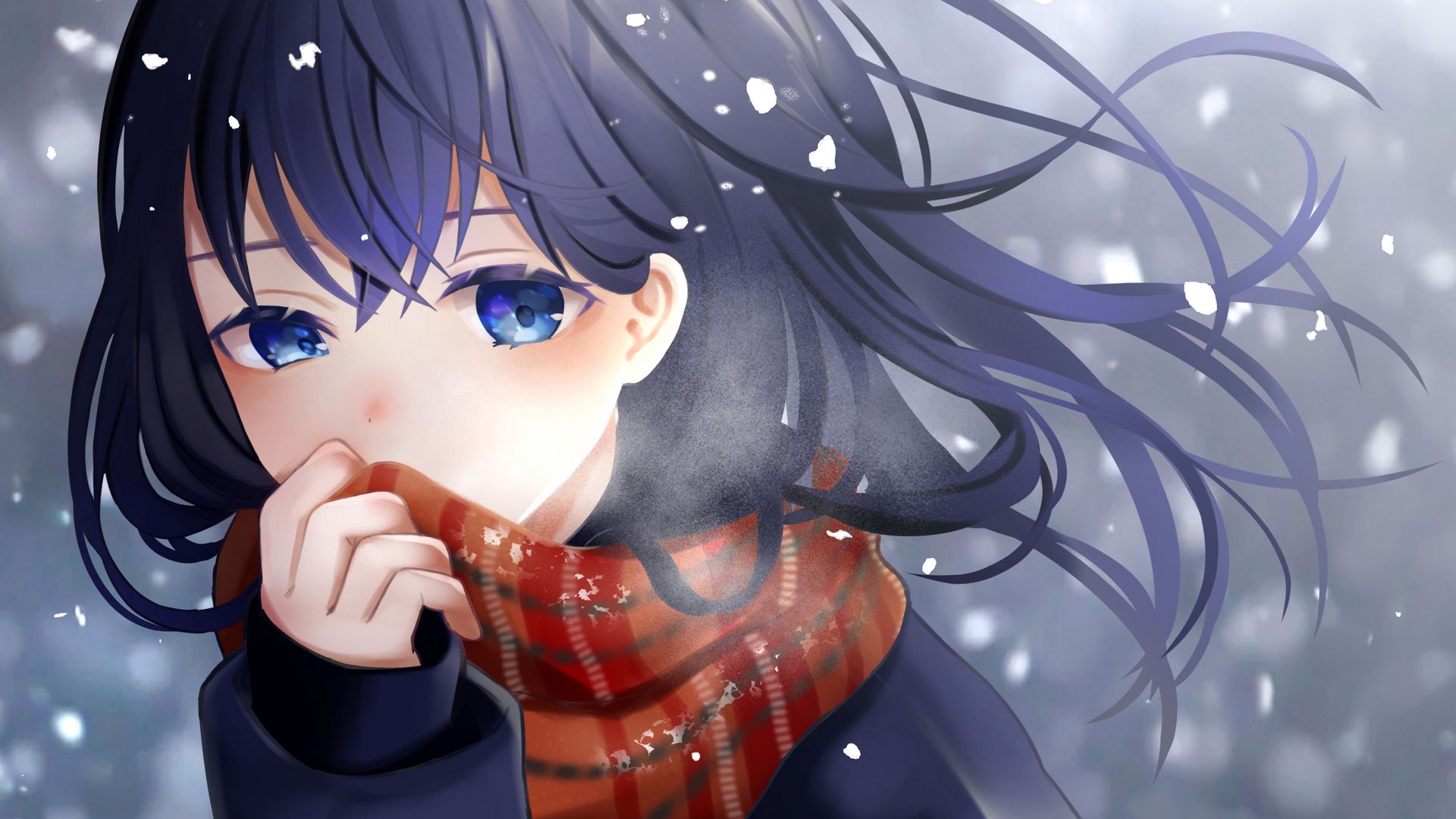 Download wallpaper 1920x1080 girl, scarf, snow, anime full hd, hdtv ...