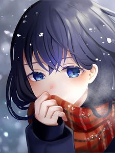 Preview wallpaper girl, scarf, snow, anime