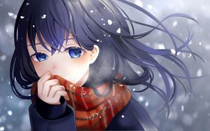 Preview wallpaper girl, scarf, snow, anime