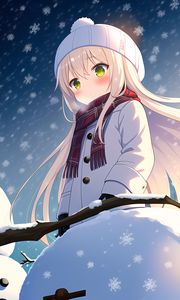 Preview wallpaper girl, scarf, snow, snowman, winter, anime