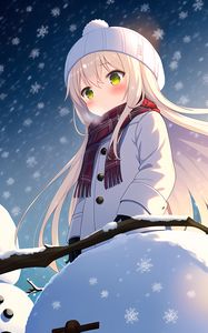 Preview wallpaper girl, scarf, snow, snowman, winter, anime