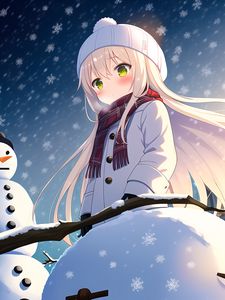 Preview wallpaper girl, scarf, snow, snowman, winter, anime