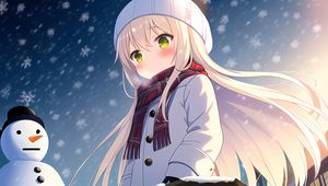 Preview wallpaper girl, scarf, snow, snowman, winter, anime