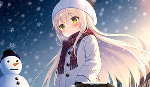 Preview wallpaper girl, scarf, snow, snowman, winter, anime