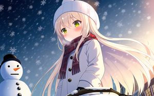 Preview wallpaper girl, scarf, snow, snowman, winter, anime