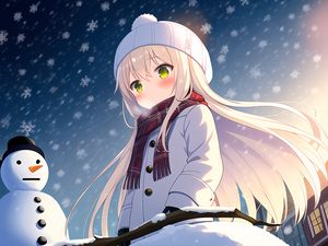 Preview wallpaper girl, scarf, snow, snowman, winter, anime