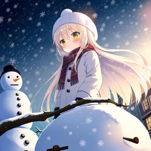 Preview wallpaper girl, scarf, snow, snowman, winter, anime