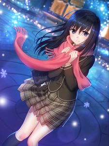 Preview wallpaper girl, scarf, snowflakes, anime, art