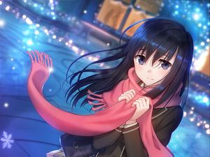 Preview wallpaper girl, scarf, snowflakes, anime, art