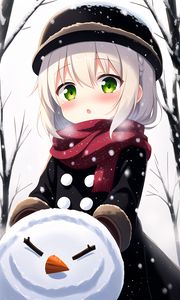 Preview wallpaper girl, scarf, snowman, winter, anime