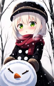 Preview wallpaper girl, scarf, snowman, winter, anime