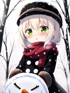 Preview wallpaper girl, scarf, snowman, winter, anime