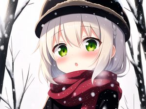 Preview wallpaper girl, scarf, snowman, winter, anime