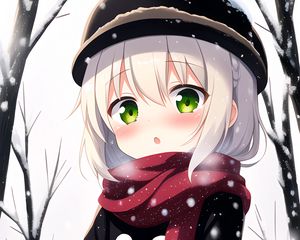 Preview wallpaper girl, scarf, snowman, winter, anime