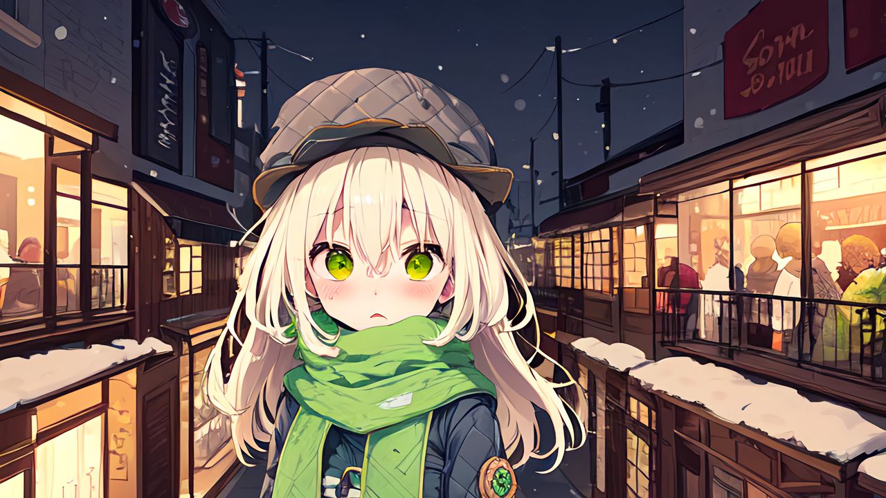 Wallpaper girl, scarf, street, snow, winter, anime