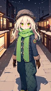 Preview wallpaper girl, scarf, street, snow, winter, anime