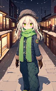 Preview wallpaper girl, scarf, street, snow, winter, anime