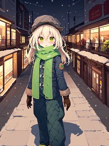 Preview wallpaper girl, scarf, street, snow, winter, anime