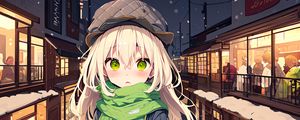 Preview wallpaper girl, scarf, street, snow, winter, anime