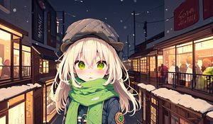 Preview wallpaper girl, scarf, street, snow, winter, anime