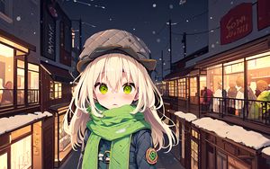 Preview wallpaper girl, scarf, street, snow, winter, anime