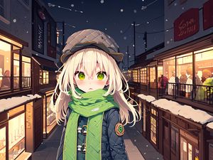 Preview wallpaper girl, scarf, street, snow, winter, anime