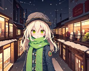 Preview wallpaper girl, scarf, street, snow, winter, anime