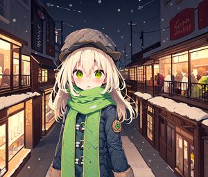 Preview wallpaper girl, scarf, street, snow, winter, anime