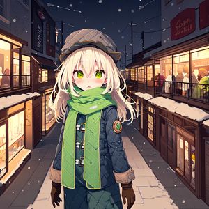 Preview wallpaper girl, scarf, street, snow, winter, anime