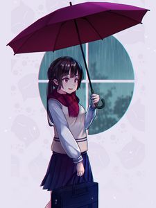 Preview wallpaper girl, scarf, umbrella, autumn, anime