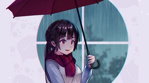 Preview wallpaper girl, scarf, umbrella, autumn, anime