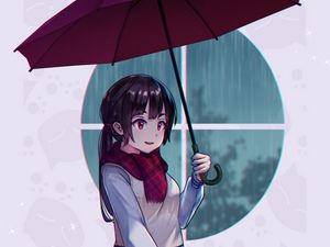 Preview wallpaper girl, scarf, umbrella, autumn, anime