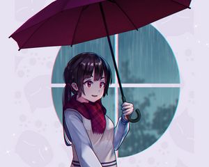 Preview wallpaper girl, scarf, umbrella, autumn, anime