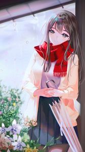 Preview wallpaper girl, scarf, umbrella, anime