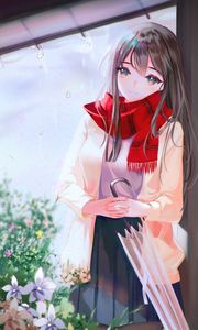 Preview wallpaper girl, scarf, umbrella, anime