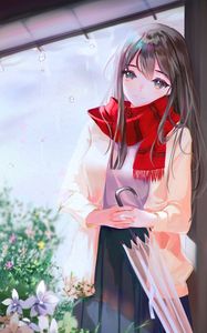 Preview wallpaper girl, scarf, umbrella, anime