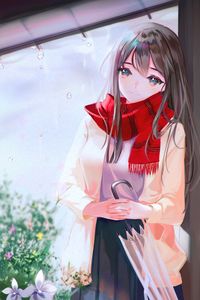 Preview wallpaper girl, scarf, umbrella, anime