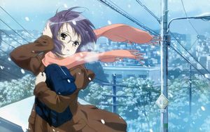 Preview wallpaper girl, scarf, wind, cold, winter