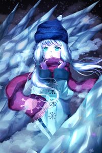 Preview wallpaper girl, scarf, winter, ice, anime, art, cartoon