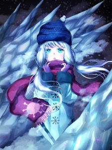 Preview wallpaper girl, scarf, winter, ice, anime, art, cartoon