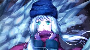 Preview wallpaper girl, scarf, winter, ice, anime, art, cartoon