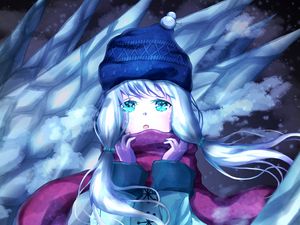 Preview wallpaper girl, scarf, winter, ice, anime, art, cartoon