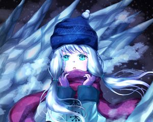 Preview wallpaper girl, scarf, winter, ice, anime, art, cartoon