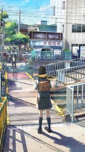 Preview wallpaper girl, schoolgirl, backpack, railroad, anime, art
