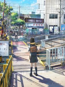 Preview wallpaper girl, schoolgirl, backpack, railroad, anime, art