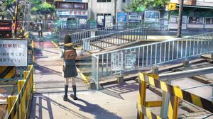 Preview wallpaper girl, schoolgirl, backpack, railroad, anime, art
