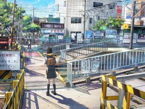 Preview wallpaper girl, schoolgirl, backpack, railroad, anime, art