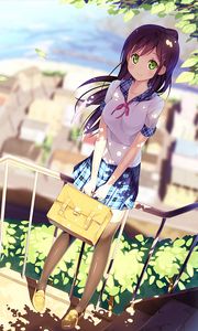Preview wallpaper girl, schoolgirl, bag, anime, art, cute